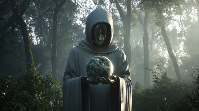 Metallic AI Monk Holding Glowing Earth in Transparent Sphere, Standing in Misty Forest at Dawn, Spiritual Artificial Intelligence, Futuristic Nature Harmony, Sci-Fi Environmental Concept