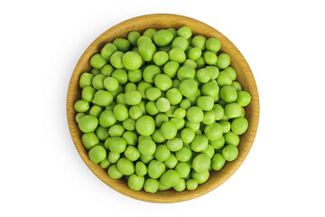 Fresh green peas in wooden bowl isolated on white background. Top view. Flat lay