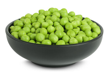 Fresh green peas in ceramic bowl isolated on white background