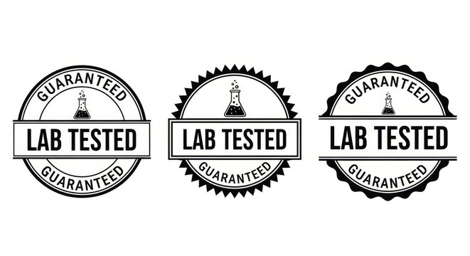 A set of three circular and rectangular seals guaranteeing lab tested with a laboratory flask icon