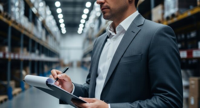 A businessman in a suit inspects inventory records on a clipboard while standing in a large warehouse with shelves full of goods