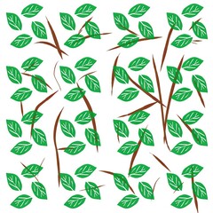 Green leaves and branches pattern on a white background  