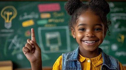Young girl with a bright smile points at something in front of her.