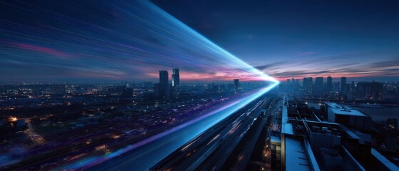 Futuristic cityscape with light trails at dusk, showcasing urban technology and high speed transportation concept