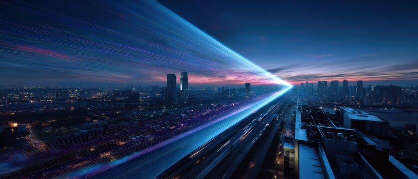 Futuristic cityscape with light trails at dusk, showcasing urban technology and high speed transportation concept