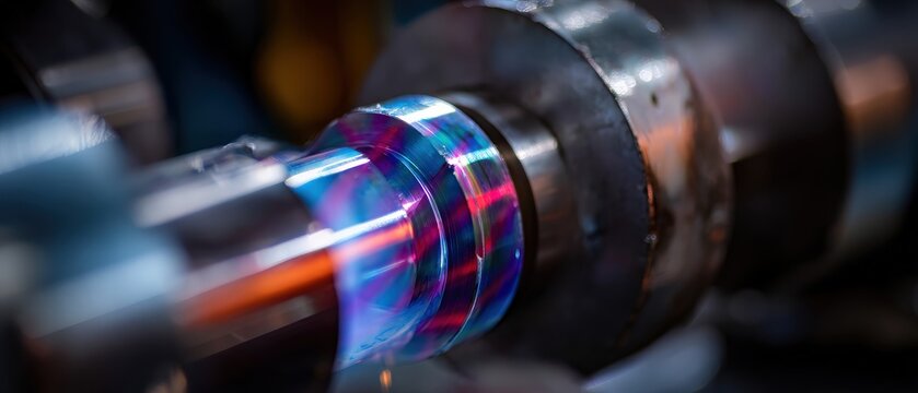 Metalworking lathe machine cutting metal detail with colorful light reflections in industrial manufacturing process Precision engineering and metalwork concept