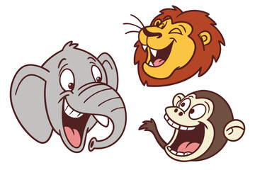 Happy Cartoon Animals Elephant Lion and Monkey Faces.