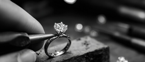 Jeweler setting a brilliant round cut diamond on a ring with precision tools in a workshop Concept of jewelry making, craftsmanship, and luxury