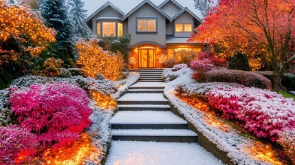 A snowy winter scene with a home and decorative lighting.