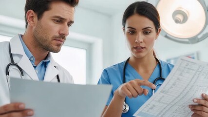 Medical professionals analyzing patient chart data during important healthcare consultation in hospital setting - Powered by Adobe