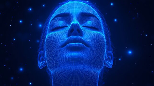 Digital representation of a serene female face.