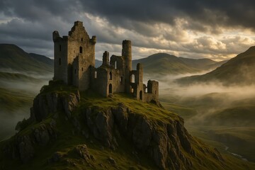 Fototapeta premium Dramatic Highland castle ruins perched on cliff edge overlooking misty Scottish landscape with ancient history