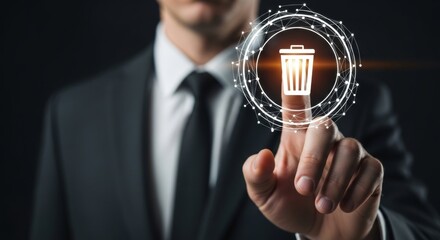 A businessman in a suit points to a glowing digital icon of a trash bin, symbolizing deletion or removal