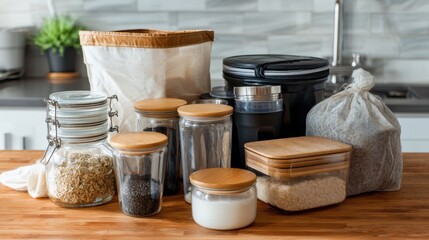 Eco-Friendly Kitchen Storage with Glass Jars and Bamboo Lids in Modern Setting