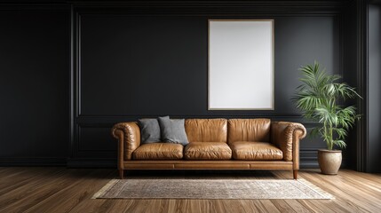 Dark room interior with a tan leather sofa and empty frame.