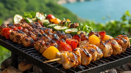 Grilled skewers of meat and vegetables on a barbecue grill.