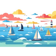 Naklejka premium Sailing regatta at sunset, numerous sailboats on the ocean, lighthouse visible.