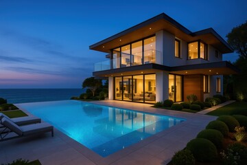 Obraz premium Elegant Mediterranean estate with infinity pool overlooking ocean during magical twilight hour