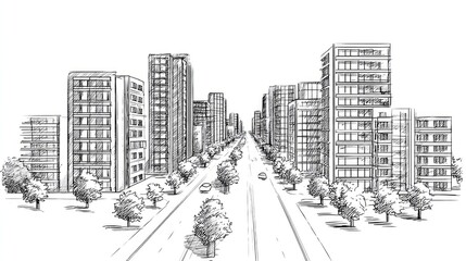 Urban cityscape sketch with buildings and trees.