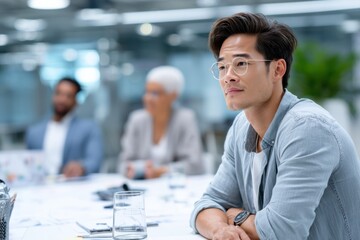 Young man expresses concern during team discussion on change management in a dynamic office environment