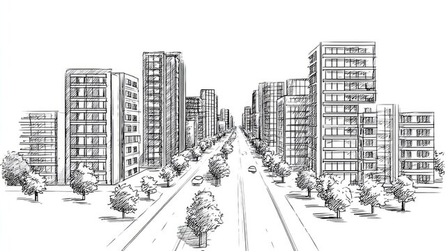 Fototapeta Urban cityscape sketch with buildings and trees.