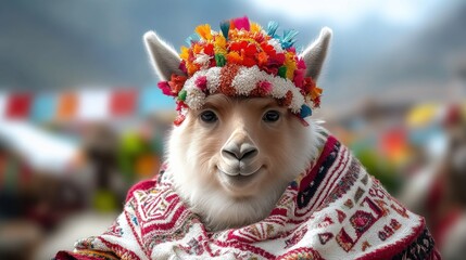 A joyful representation of independence day in Peru, featuring a llama adorned with colorful flowers and traditional clothing, symbolizing cultural pride and celebration in a festive atmosphere