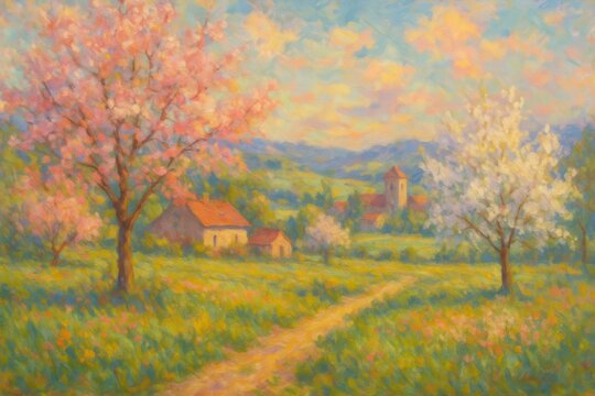 Enchanting watercolor landscape painting depicting rolling hills with wildflower meadows under dramatic cloudy sky in impressionist style