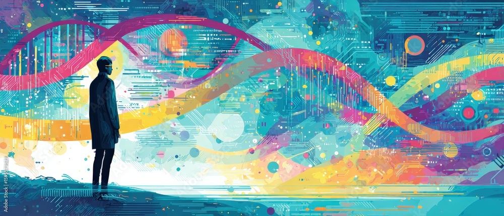 Poster man standing in futuristic digital landscape with vibrant circuit patterns concept of technology, in
