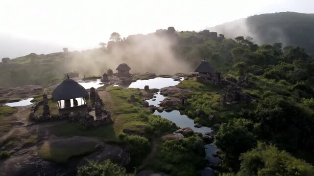 An aerial view of a remote african village with traditional huts nestled among misty hills and rocky terrain, illuminated by soft sunlight