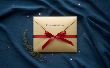 Simple and elegant gift box with red bow on a dark blue textured background—perfect minimalist image with blank space card for text, ads, or invitations.