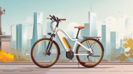 Modern Electric Bicycle in Urban Setting with Skyline and Greenery