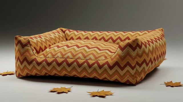 A cozy orange and brown chevron patterned pet bed with scattered autumn leaves on a neutral background