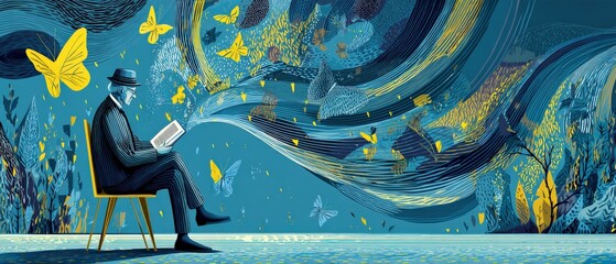 Senior man reading book with butterfly imagination, sitting on chair in blue abstract landscape Concept of knowledge, wisdom, and escapism through literature