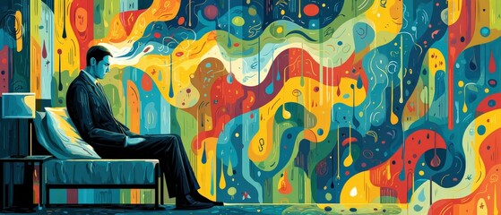 Fototapeta premium Pensive adult man in suit sitting indoors with colorful abstract background, contemplating mental health and emotional wellbeing Concept of stress, anxiety, and introspection