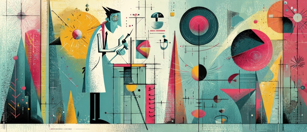Poster abstract scientist in lab coat conducting experiment with geometric shapes and retro futuristic desi