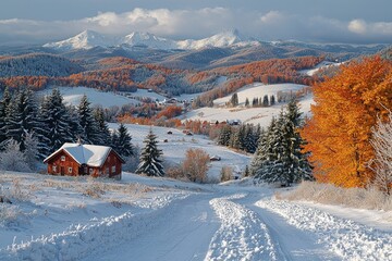 Winter Wonderland: A snow-covered cabin nestled in a picturesque mountain valley, surrounded by vibrant autumn foliage and majestic snow-capped peaks.