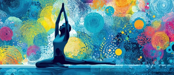 Silhouette of woman practicing yoga in split pose with arms raised against colorful abstract background Concept of wellness, mindfulness, and healthy lifestyle