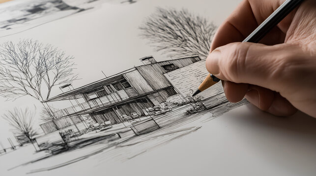 Modernes Einfamilienhaus als architektonische Bleistiftzeichnung. K&uuml;nstliche Intelligenz KI