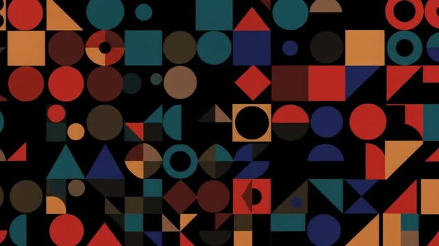 Geometric shapes pattern with circles squares and triangles on a black background design style