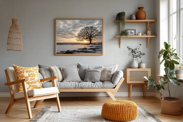 Cozy and bright living room with minimalist aesthetic, featuring large framed winter landscape print above grey sofa, wooden armchair.