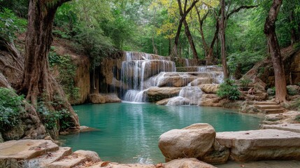 Naklejka premium Cascading waterfall in a lush tropical forest.