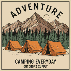 Camping design showing adventure in the mountains with tents and evergreens, ideal for logos, outdoor graphics, travel posters, or branding related to nature escapes and expeditions.