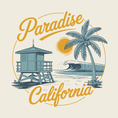 Paradise California coastal graphic showcasing a lifeguard tower, palm tree, ocean wave, and sun, perfect for travel posters, beach-themed designs, and summer vacation promotions.