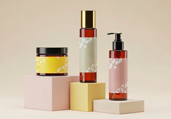 Elegant Amber Glass Cosmetics Bottles with Geometric Labels on Display Pedestals