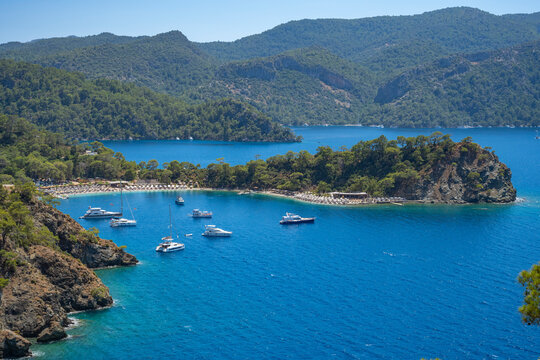 Boncuk Bay, Blue Lagoon and Oludeniz beach aerial panoramic view. Oludeniz is a beach resort in the Fethiye district of Mugla Province, Turkey.