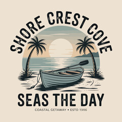 A charming shore crest cove design features a boat, palm trees and sunset for a tranquil beach getaway, perfect for travel brands or seaside resort graphics to evoke coastal vibes.