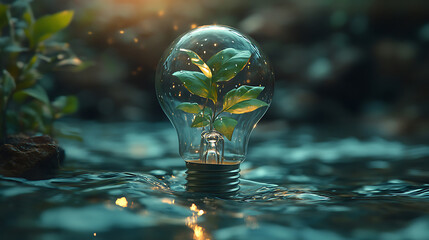 Green Energy Plant Growing Inside Light Bulb in Water