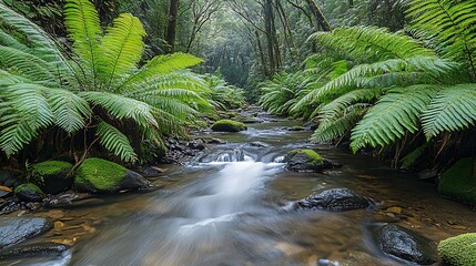 Lush ferns line a tranquil mountain stream.