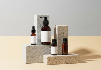 Minimalist Amber Dropper Bottles and Pump Dispenser on Textured Pedestals