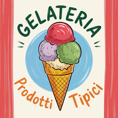 Hand-drawn graphic featuring a delightful gelato cone in bright colors, perfect for branding an Italian ice cream shop, menu design, or creating a sweet, eye-catching food design.